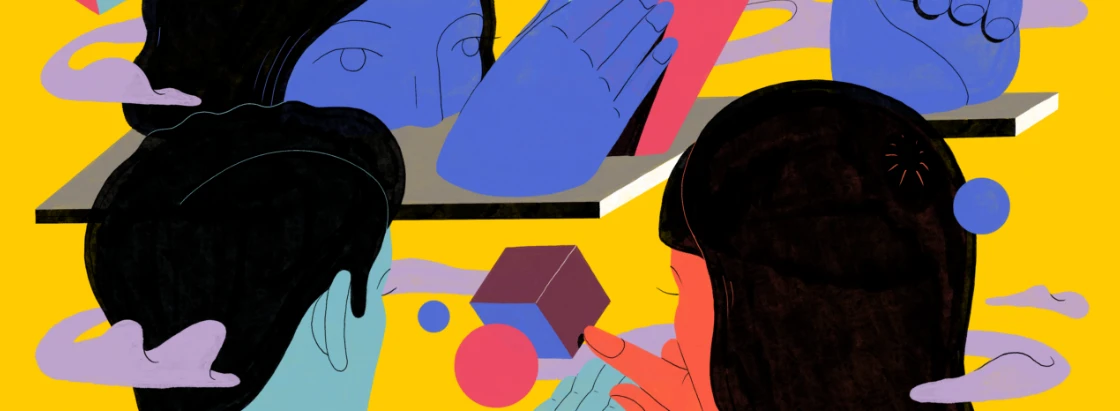 An illustration of people studying various shapes