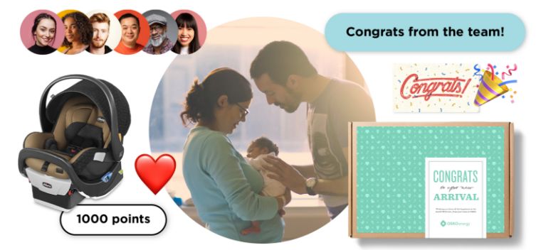 Ways to celebrate life events with O.C. Tanner’s Culture Cloud, including custom gift boxes and personal notes from team members