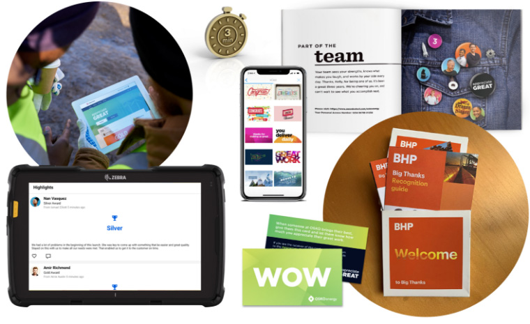 Examples of unwired solutions provided by Culture Cloud, including a Zebra device integration, a mobile app, and printed books, cards and certificates
