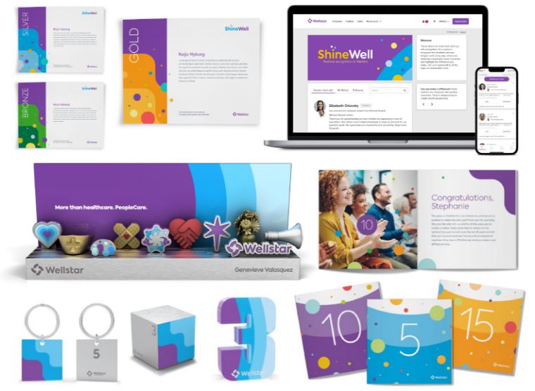 Awards and collateral created for Wellstar's "ShineWell" recognition program, powered by Culture Cloud