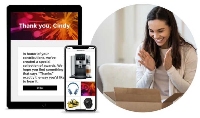 An employee receiving a custom appreciation gift at home from O.C. Tanner’s Culture Cloud platform