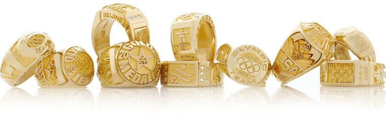 A selection of Team USA Olympic team rings made over the last 20 years, designed and manufactured by O.C. Tanner