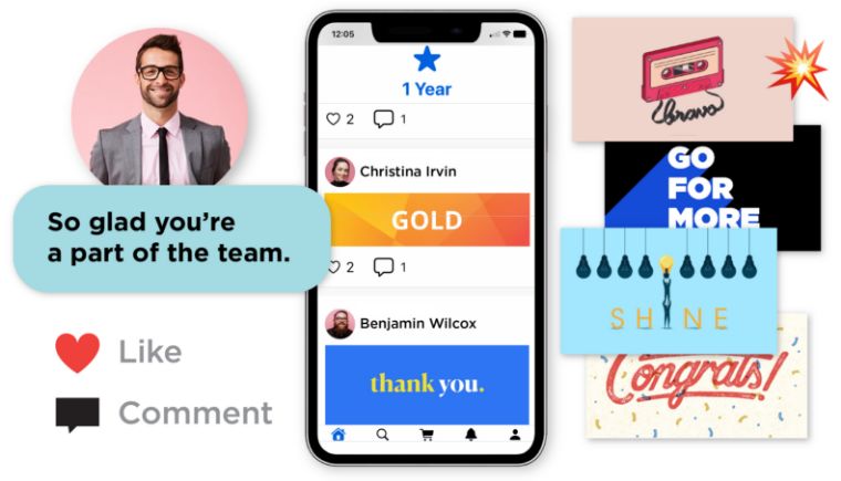 O.C. Tanner’s Culture Cloud tools for peer-to-peer recognition, including a social wall to like and comment on teammates awards.