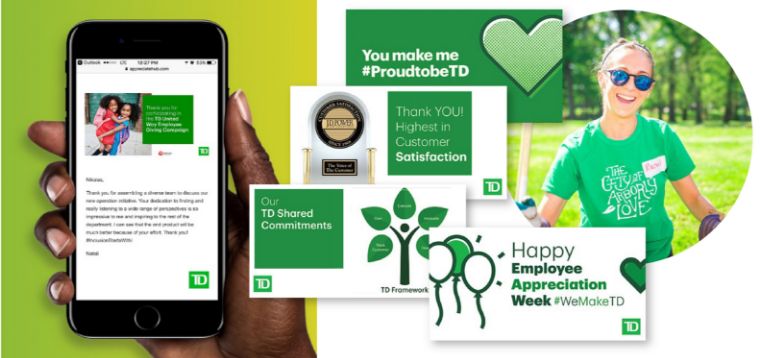 TD Bank’s custom branded recognition tools, including branded eCards, award certificates, and a mobile app, created by O.C. Tanner.