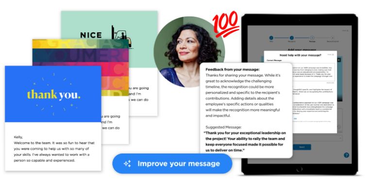 O.C. Tanner’s AI Recognition Coach that educates and guides users in crafting recognition messages to share with peers and leaders.
