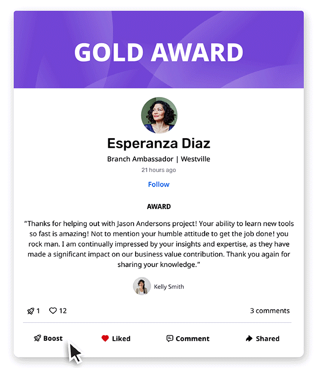 The Boost Recognition feature on O.C. Tanner's Culture Cloud platform