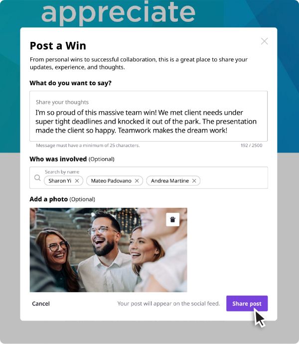 The Post a Win feature on O.C. Tanner's Culture Cloud platform