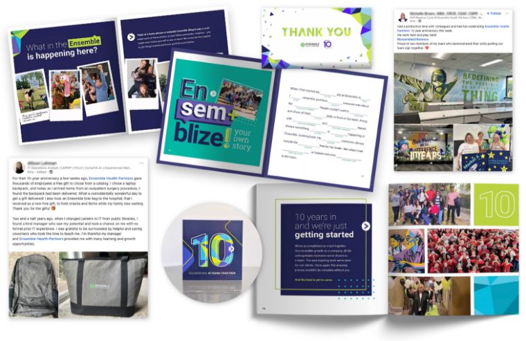 Ensemble Health’s custom employee recognition materials for peer-to-peer recognition and career milestones, designed and fulfilled by O.C. Tanner’s Culture Cloud.