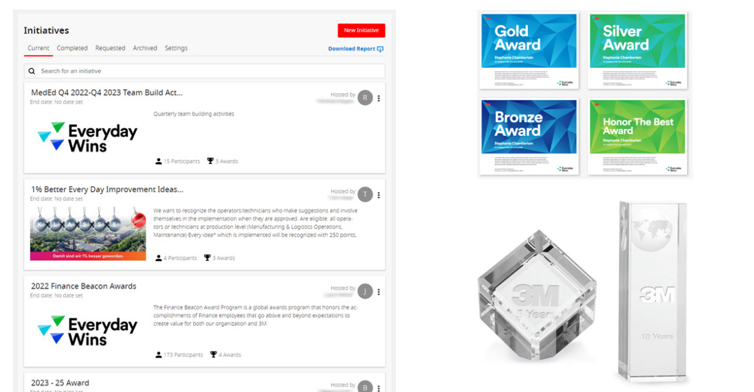 A screenshot of 3M's Everyday Wins Initiatives alongside custom certificates and trophies from O.C. Tanner