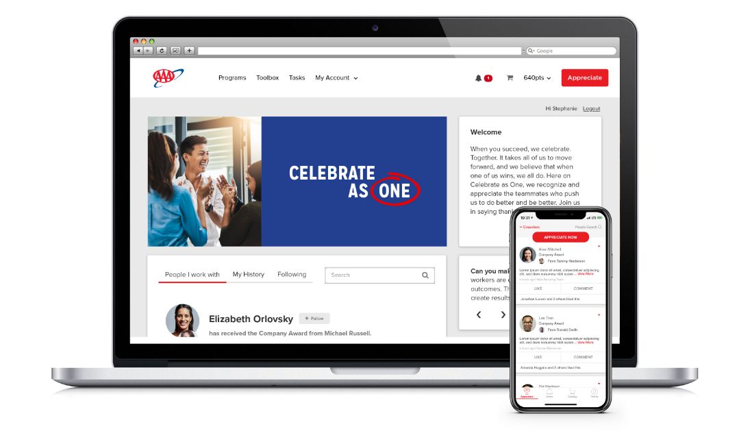 A screenshot of AAA's Celebrate as One recognition program on O.C. Tanner's Culture Cloud platform