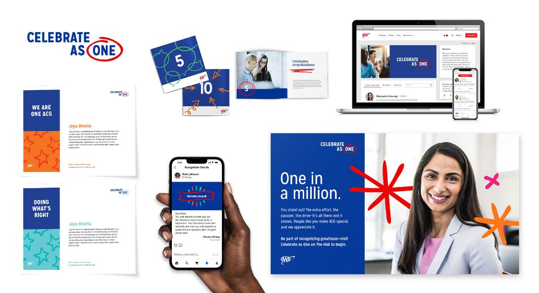 Printed and digital materials from AAA's Celebrate as One recognition program on O.C. Tanner's Culture Cloud platform