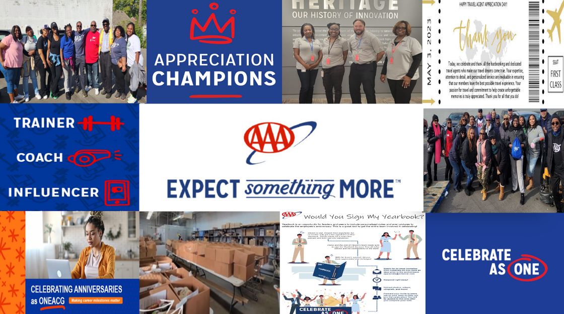 A collage of photos of AAA employees and graphics used for various recognition moments