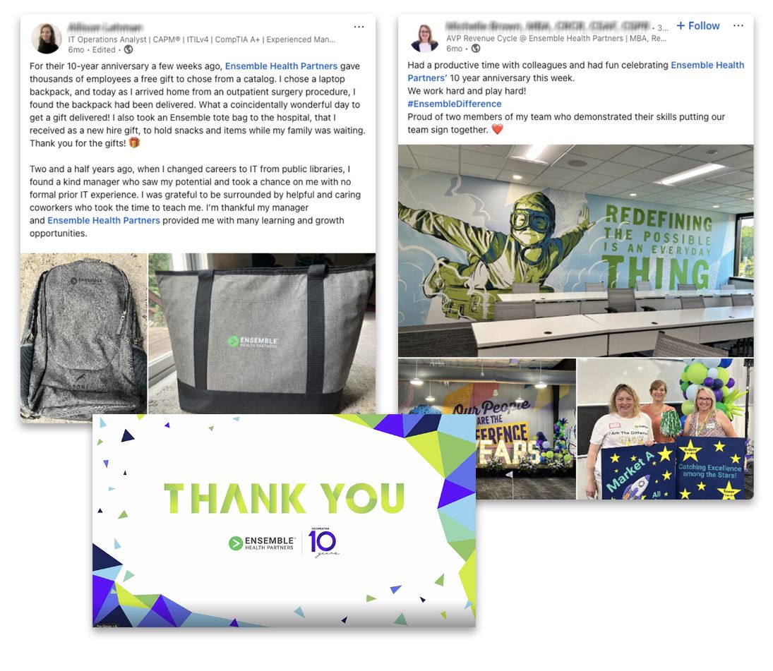 Screenshots from posts shared to LinkedIn describing Ensemble Health Partners' 10th anniversary celebration
