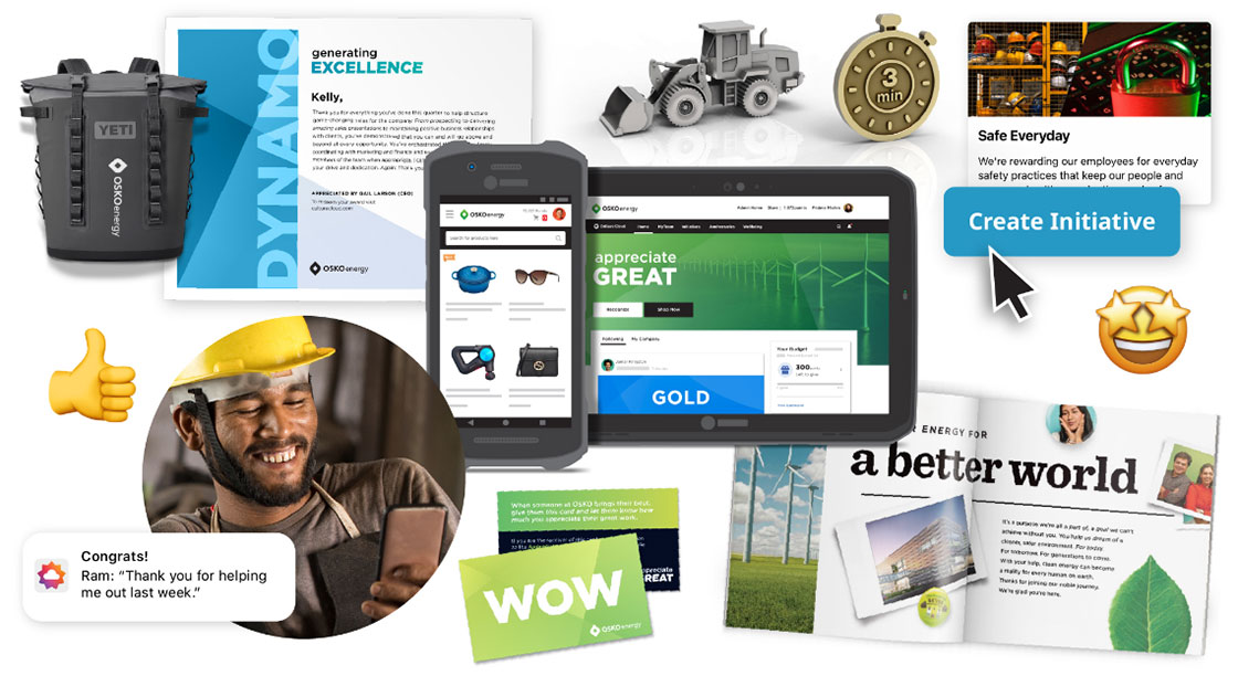 Features of O.C. Tanner’s Culture Cloud platform, including printed certificates, Initiatives, a mobile app, custom awards, Yearbook, and a Zebra device integration