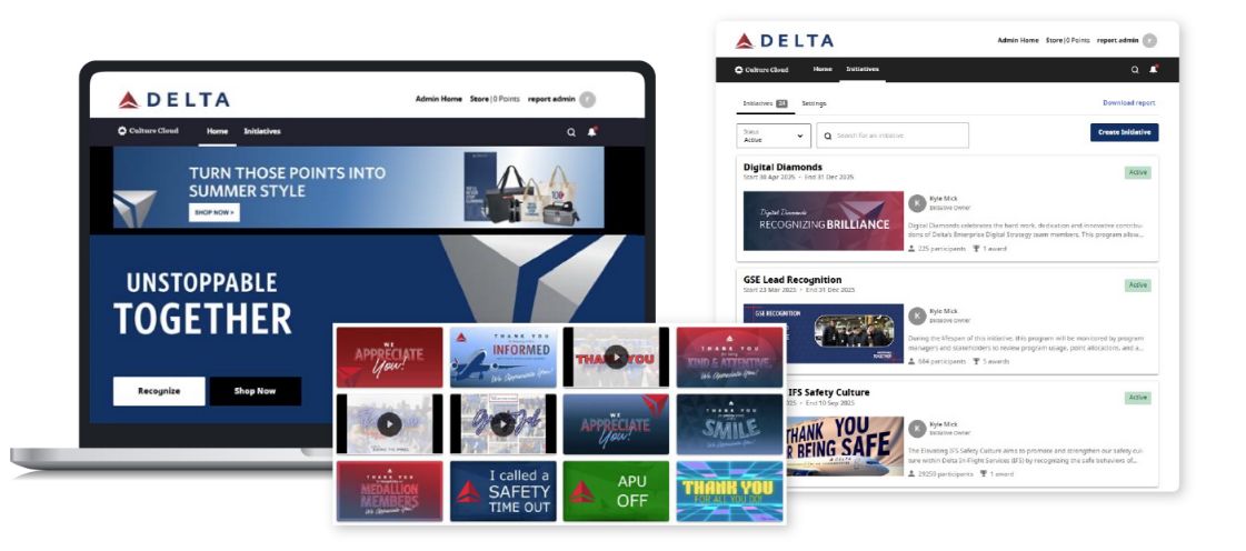 Delta’s employee recognition platform, powered by O.C. Tanner, with custom branded ecards, awards, and team initiatives.