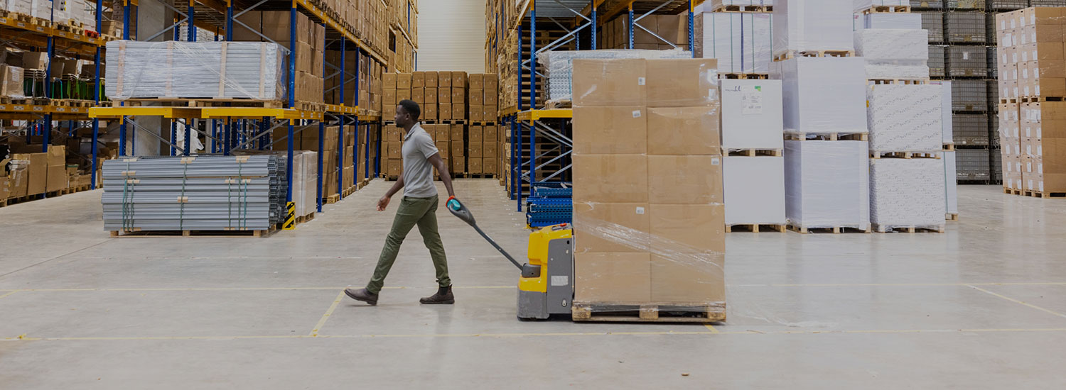 A worker moving cargo in a distribution warehouse