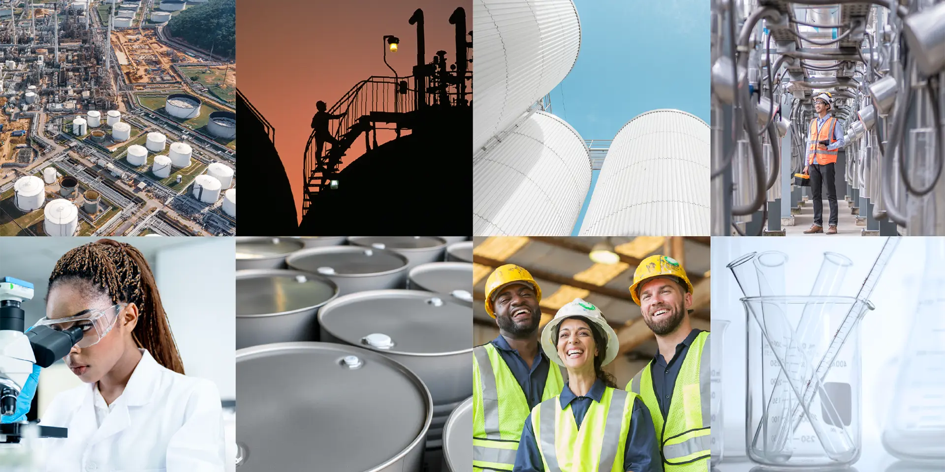 A collage of photos related to chemical manufacturing