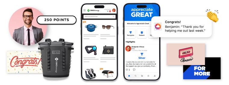 O.C. Tanner's Culture Cloud mobile app experience for sharing recognition and redeeming for awards