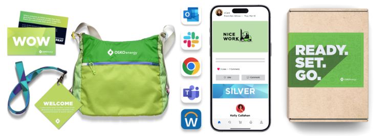 A selection of online and offline employee recognition tools and gifts available on O.C. Tanner’s Culture Cloud platform, including branded swag boxes and mobile app integrations for on-the-go recognition.