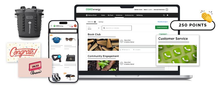 Employee recognition incentives aligned to company values like outstanding customer service or community engagement on O.C. Tanner’s Culture Cloud platform.