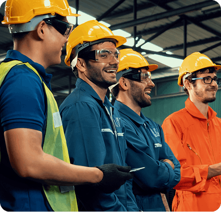 Construction workers in a warehouse