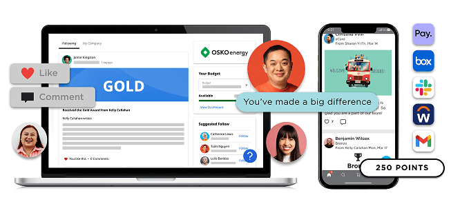 Peer-to-peer recognition tools on O.C. Tanner’s Culture Cloud platform, including awards and points.