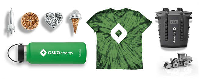 A selection of symbolic pins and custom branded swag, designed and developed by O.C. Tanner.