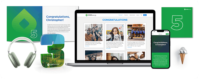 O.C. Tanner’s Culture Cloud Anniversaries experiences with comments from peers in a Yearbook, symbolic awards, and gifts.