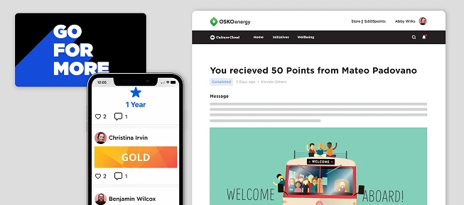Peer to peer recognition tools on O.C. Tanner’s Culture Cloud platform, including eCards with points and award nominations.