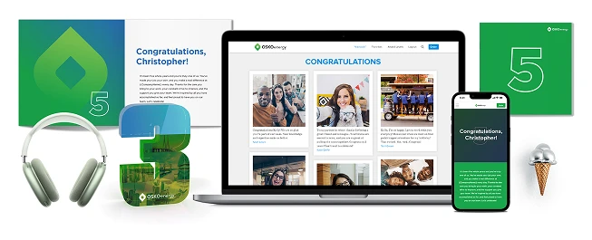 O.C. Tanner’s Culture Cloud recognition tools for celebrating career anniversaries, including a printed and digital Yearbook, awards, and gifts