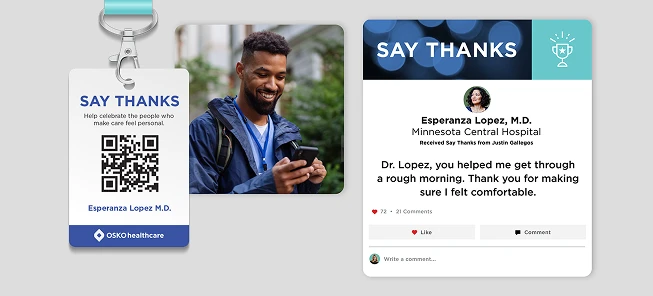 O.C. Tanner’s Say Thanks external customer to employee recognition platform with a scannable QR code.