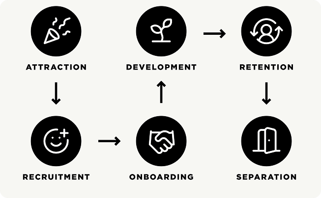 The 6 stages of the employee lifecycle: Attraction, recruitment, onboarding, development, retention, separation
