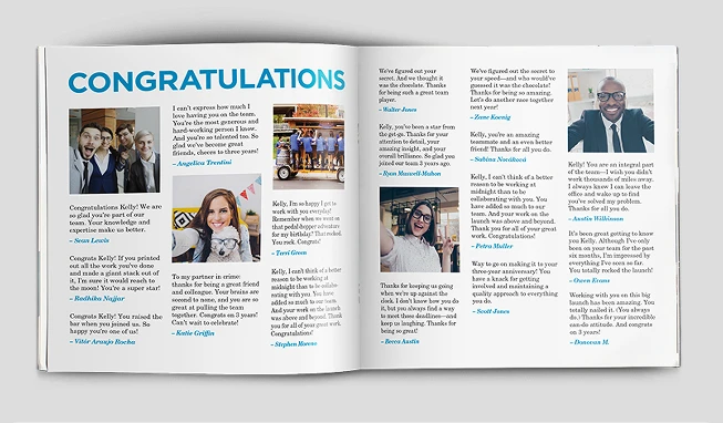 An open, printed Yearbook with comments and photos from coworkers.