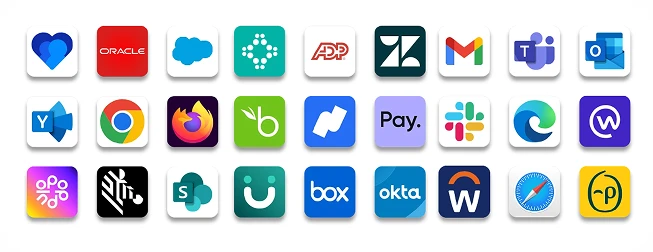 A collage of apps that integrate with O.C. Tanner's Culture Cloud platform, including HRIS systems, browsers, and workplace apps.
