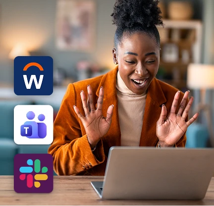 An employee working on a laptop with 3 work app logos overlayed (Workday, Microsoft Teams, and Slack) that integrate with Culture Cloud.