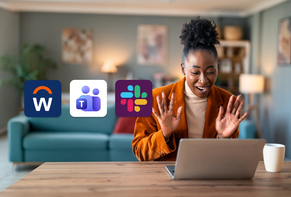 An employee working on a laptop with 3 work app logos overlayed (Workday, Microsoft Teams, and Slack) that integrate with Culture Cloud.