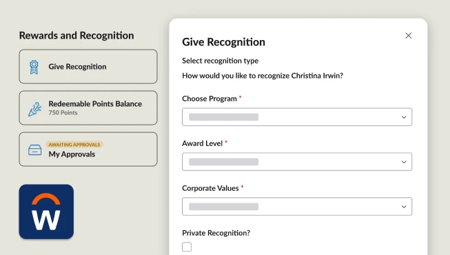O.C. Tanner's Native Workday integration user interface for giving recognition, redeeming points, and approving awards in the flow of work.