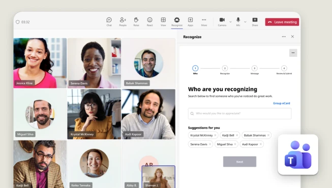 O.C. Tanner's Microsoft Teams integration for giving recognition during a meeting. The meeting screen is on the left and the form for giving recognition in Culture Cloud is on the right.