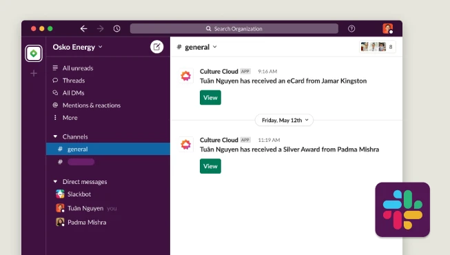 O.C. Tanner's integration with Slack, including notifications for recent recognition given and received.