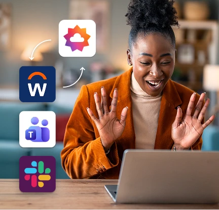 An employee working on a laptop with 3 work app logos overlayed (Workday, Microsoft Teams, and Slack) that integrate with Culture Cloud.