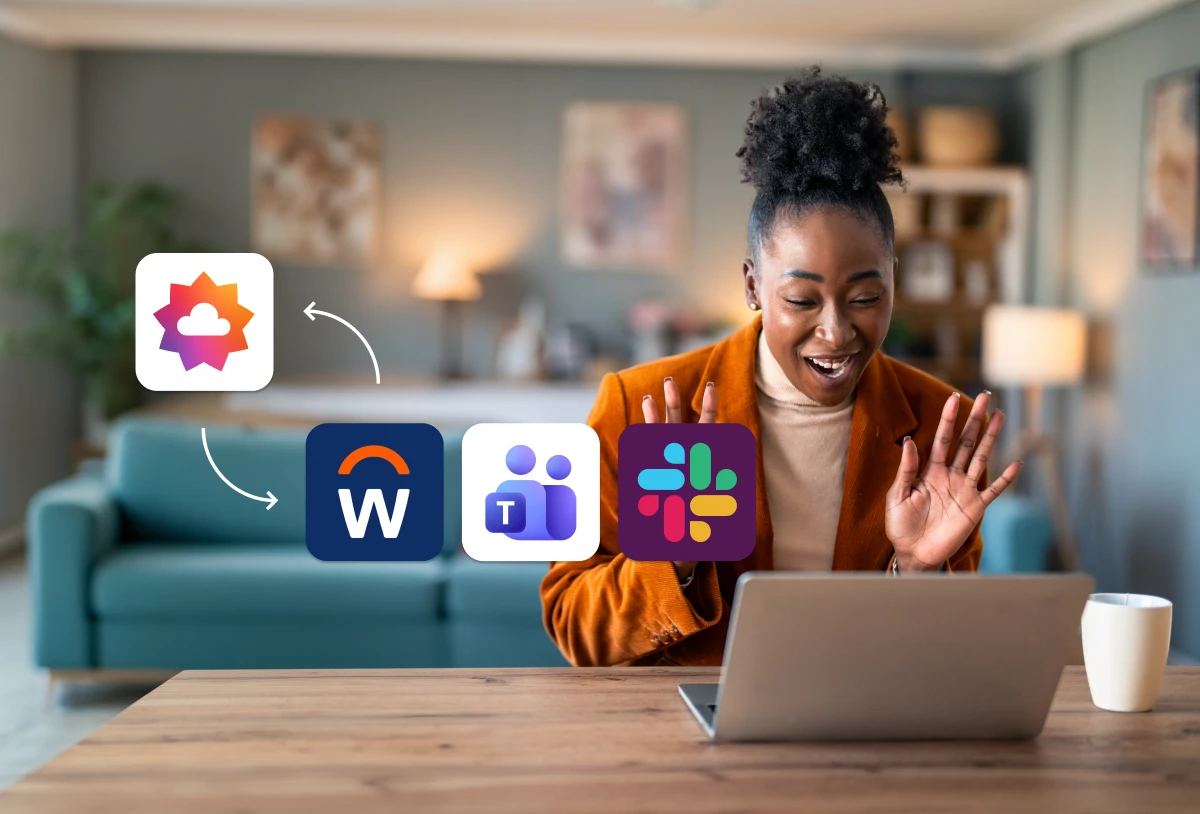 An employee working on a laptop with 3 work app logos overlayed (Workday, Microsoft Teams, and Slack) that integrate with Culture Cloud.