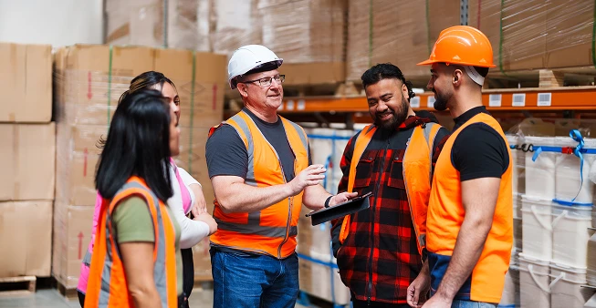 A team planning in a warehouse