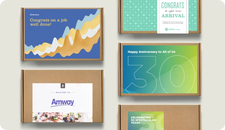 Swag boxes designed and fulfilled by O.C. Tanner for various work and personal milestones