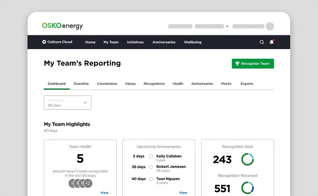 "My Team" dashboard for managers to view downline recognition activity on O.C. Tanner's recognition platform