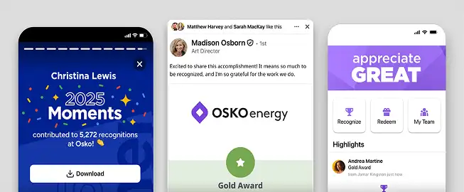 Recognition experiences on O.C. Tanner's Culture Cloud, including a Recognition Year in Review, Award nominations, and a mobile app to access the programme.