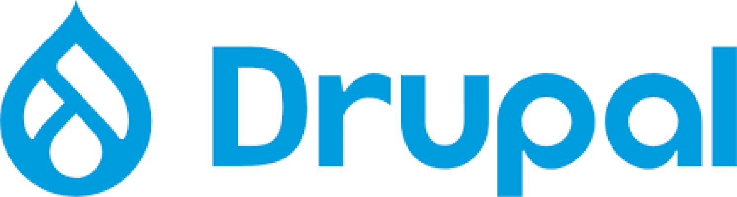 Drupal logo with blue water droplet symbol and text.