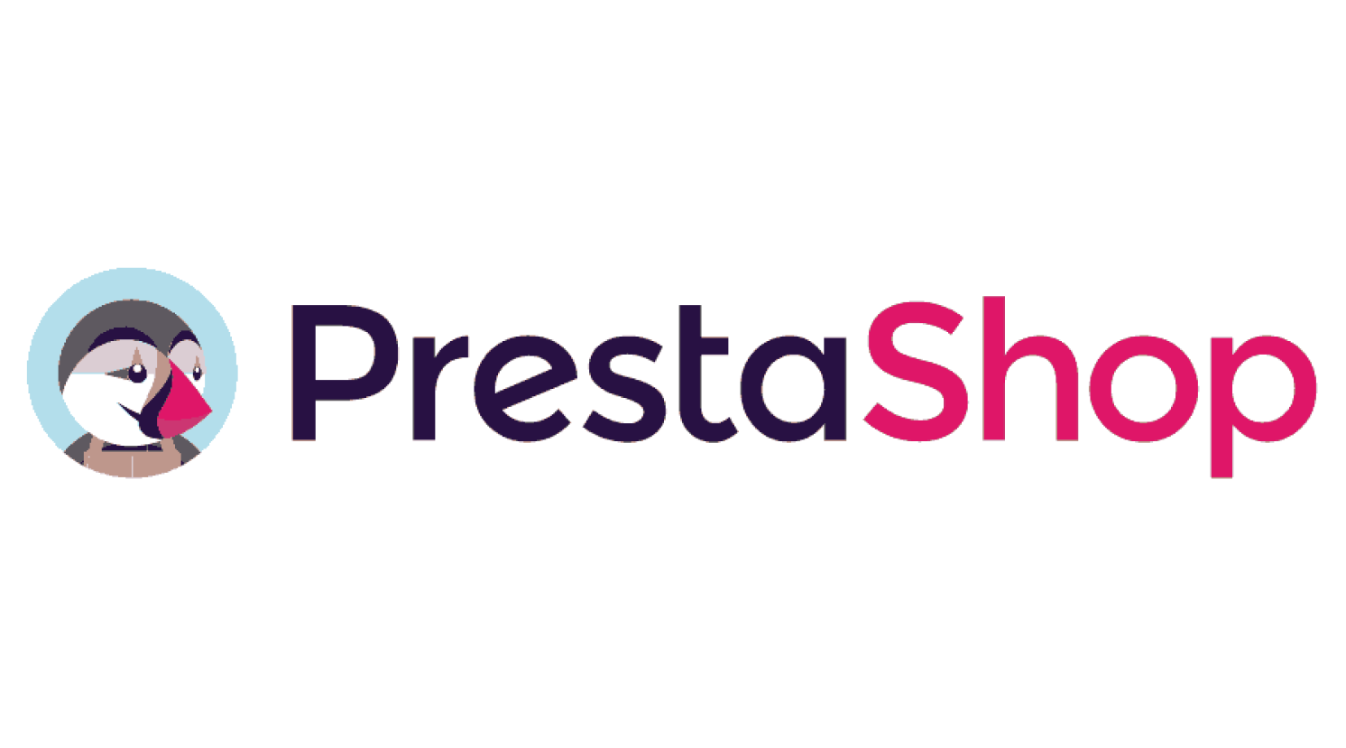 PrestaShop logo with a stylized puffin bird inside a blue circle followed by the text 'PrestaShop' in black and pink letters.