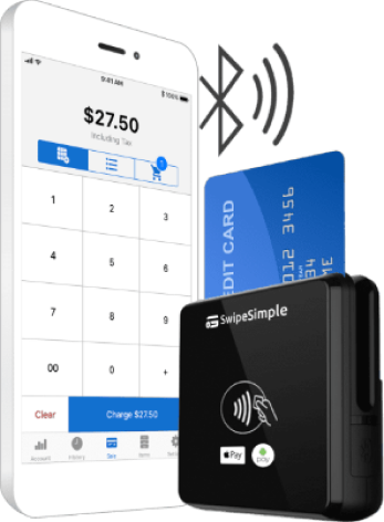 Smartphone displaying a $27.50 charge screen next to a blue credit card and a SwipeSimple wireless card reader emitting Bluetooth signal icons.
