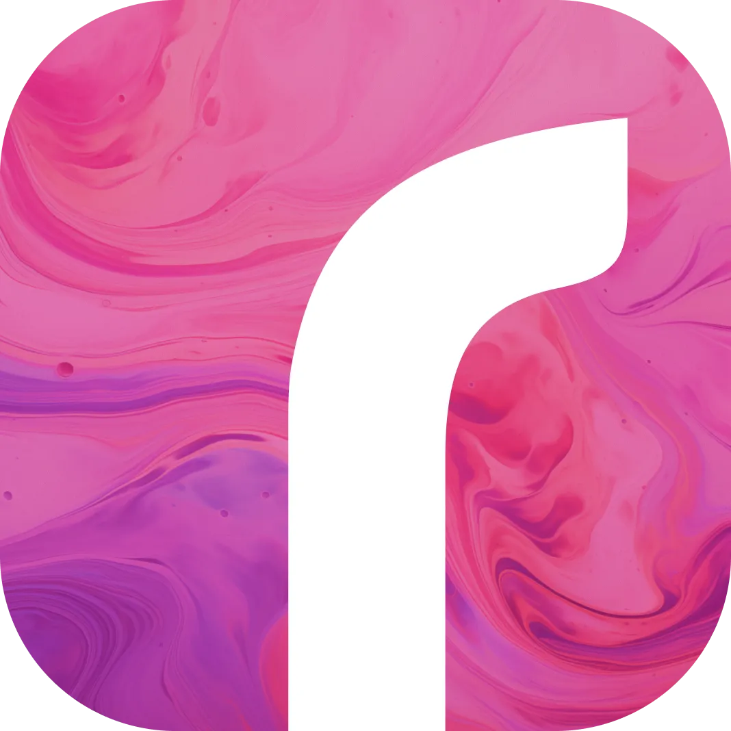 White lowercase letter 'r' on a pink and purple marbled background with rounded corners.