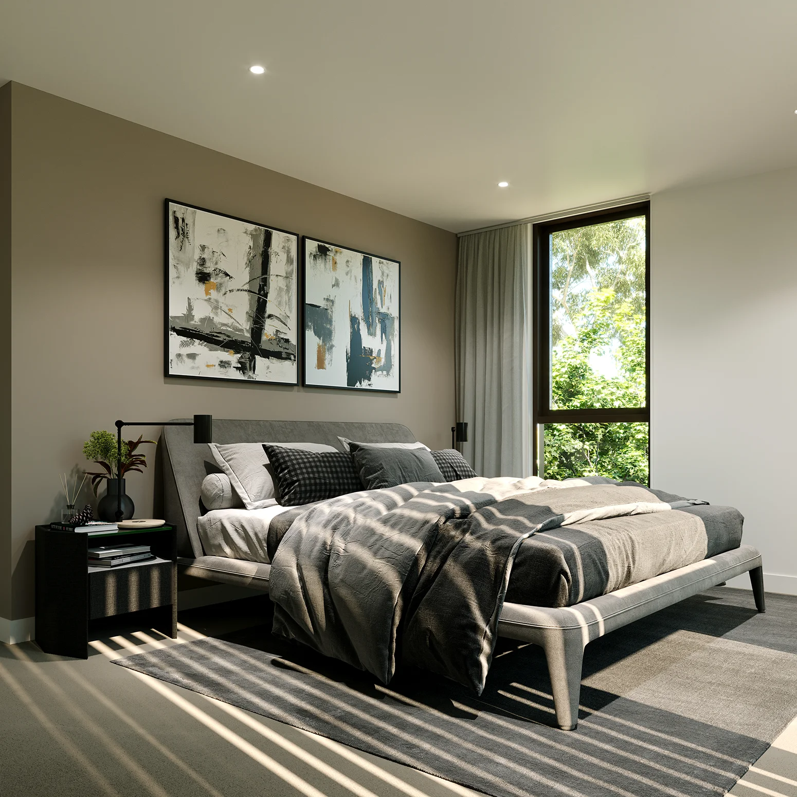 Modern bedroom with gray bed, patterned pillows, abstract wall art, and sunlight through window.